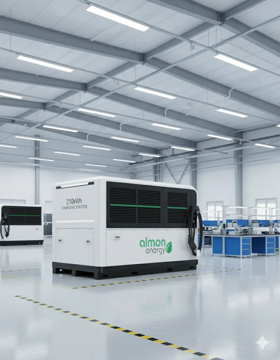 Mobiler Energiespeicher von Almon Energy in einer Industriehalle